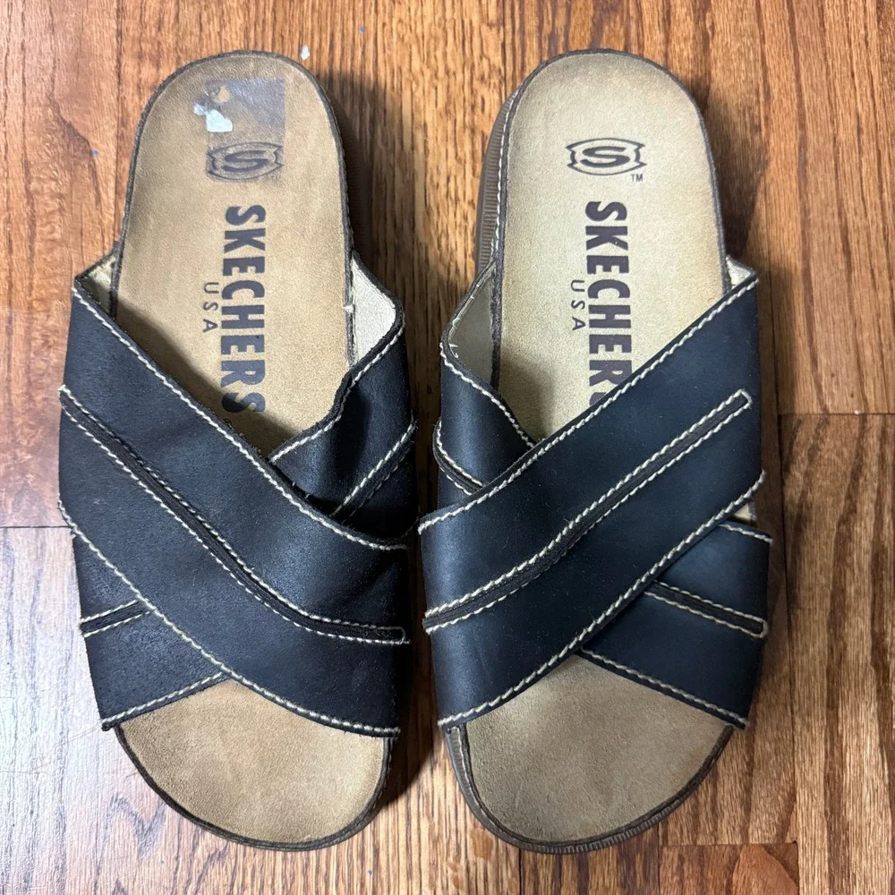 Skechers USA Vintage Mens 13 Grunge Y2K Chunky Leather Cross Strap Slide Sandals